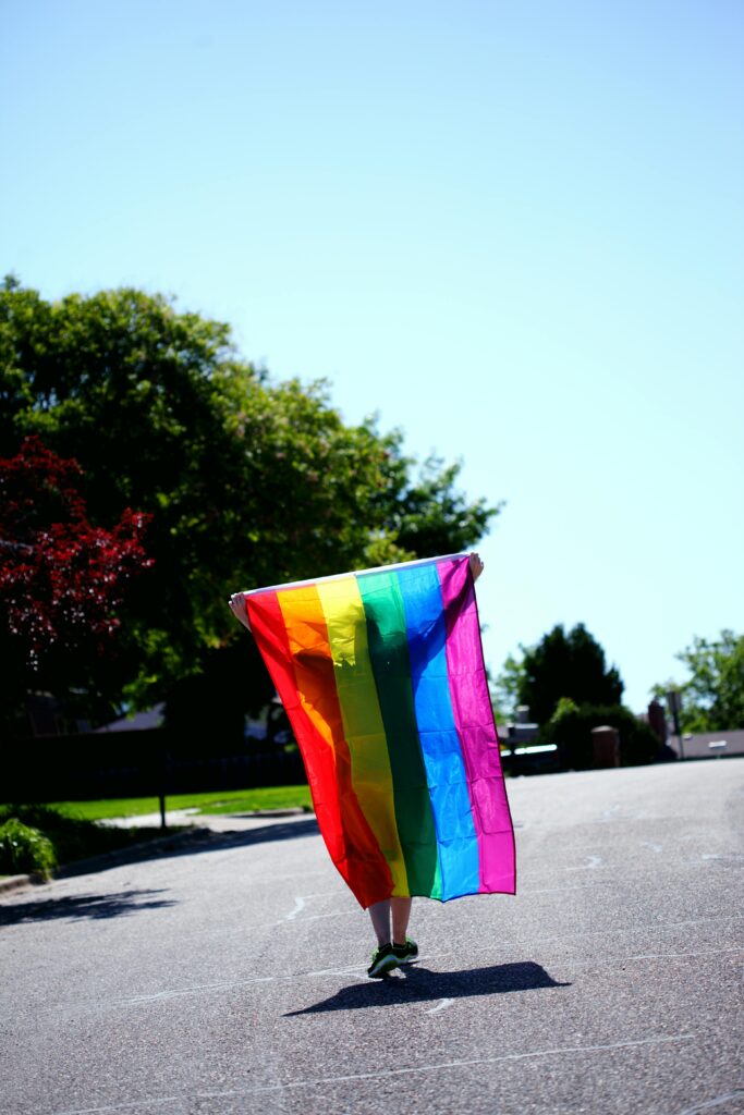 pexels-photo-2433122-2433122 A vibrant pride flag held aloft against a sunny suburban street background.